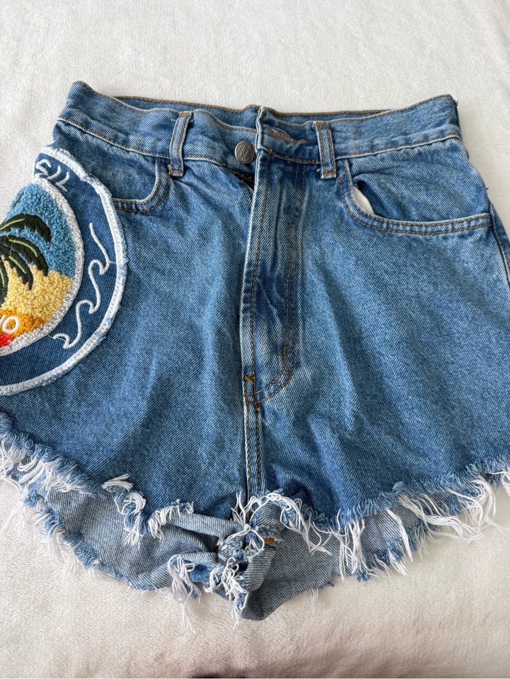Farm Rio Jean Cutoff Shorts Chenille Patch Size 24” D93